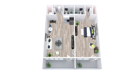 A top-down view of a house layout with a living room, kitchen, dining area, and two bedrooms.